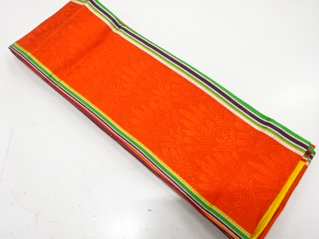 縞に花模様織り出し　半幅帯